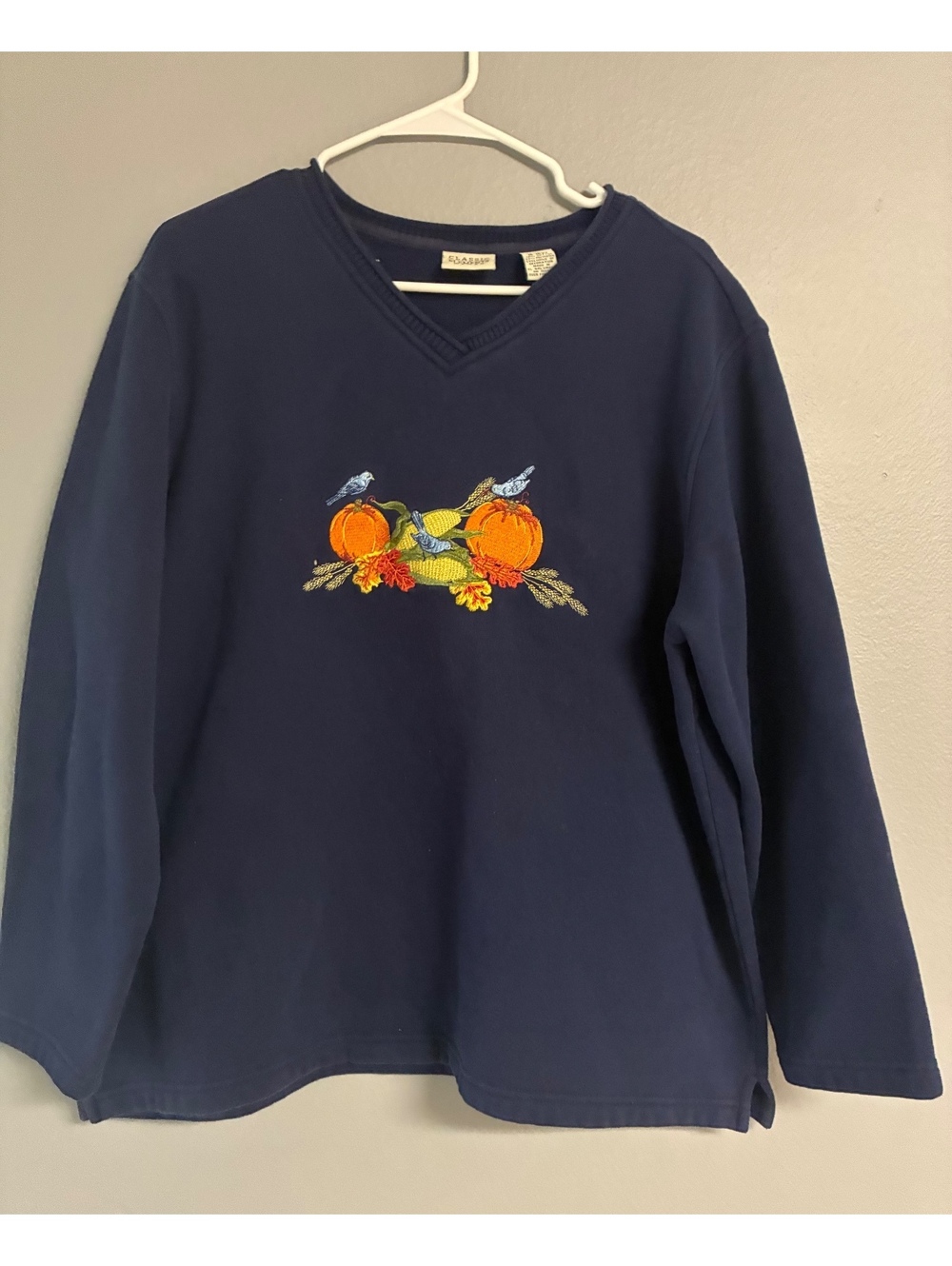 Classic Elements Woman Navy Fall Thanksgiving Embroidered Sweatshirt Sz 16-18W